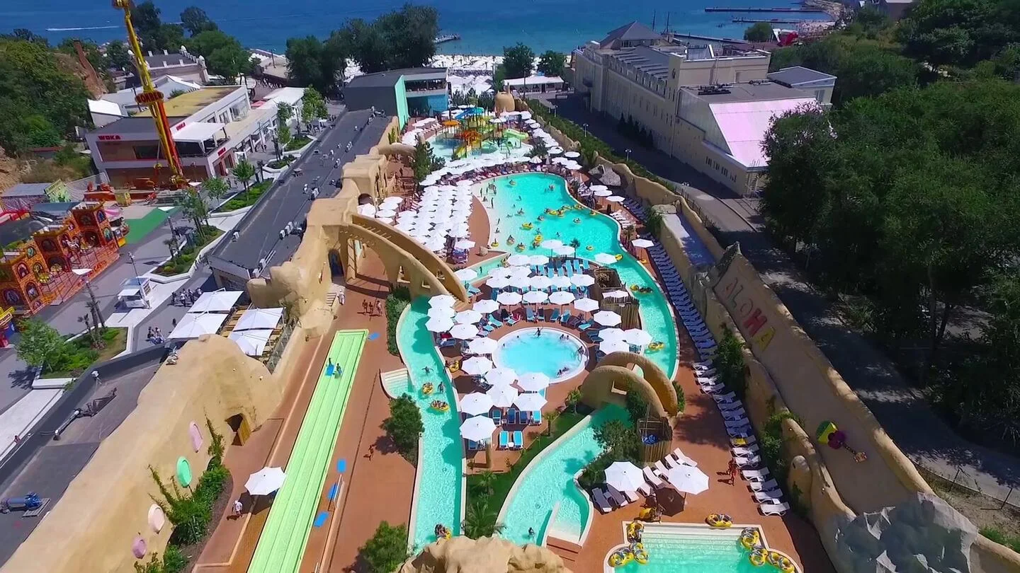 Hawaii aquapark, built leisure complex and pools. Company project photograph.