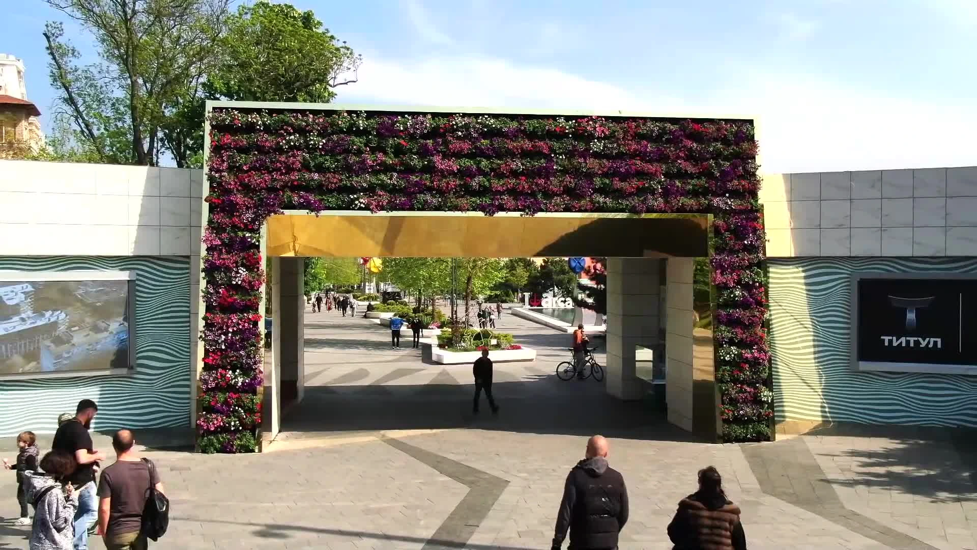 Arcadia — the planted entrance arch and pedestrian approach, 2015. Project film still.