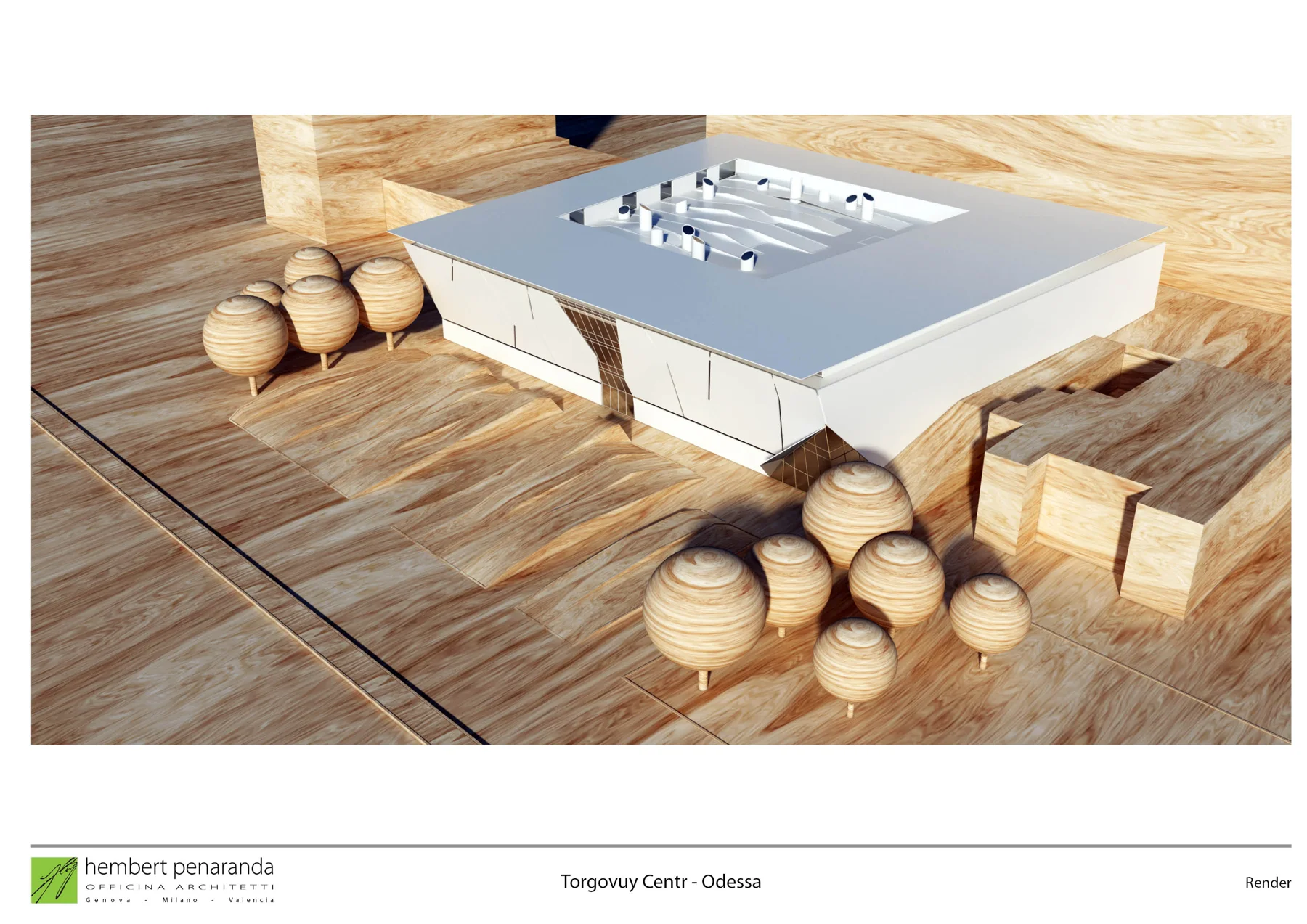 Genuezskaya retail concept: elevated view of the roof and surrounding trees. Officina Architetti / Hembert Peñaranda, visualisation.