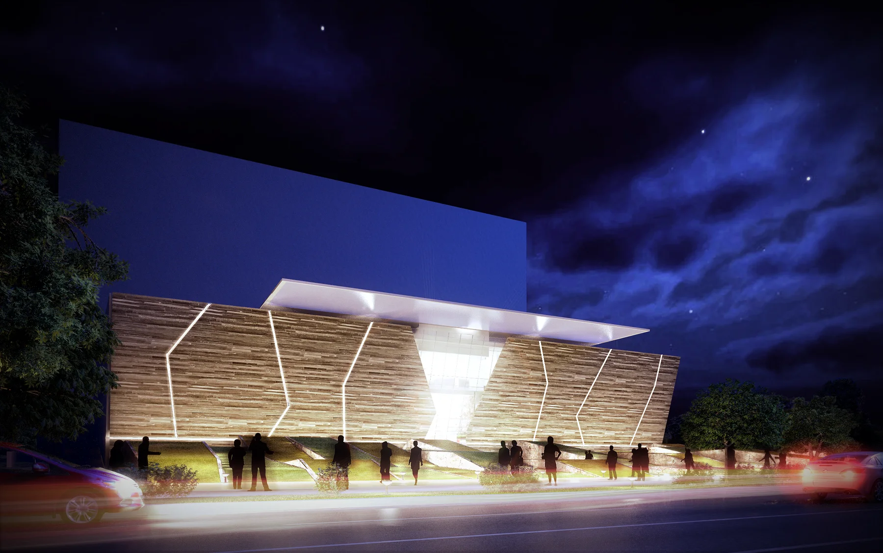 Genuezskaya retail concept: illuminated envelope at night. Officina Architetti / Hembert Peñaranda, visualisation.