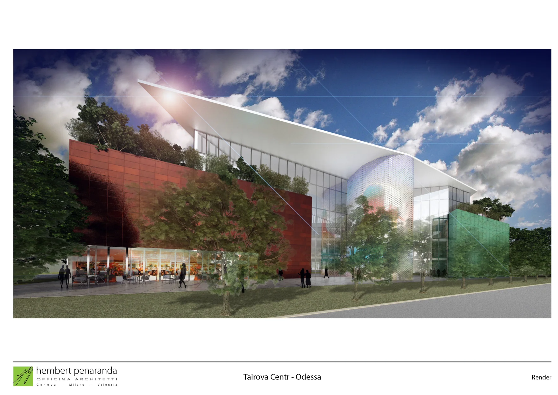 Tairovo shopping-centre proposal: planted street frontage. Officina Architetti / Hembert Peñaranda, visualisation.