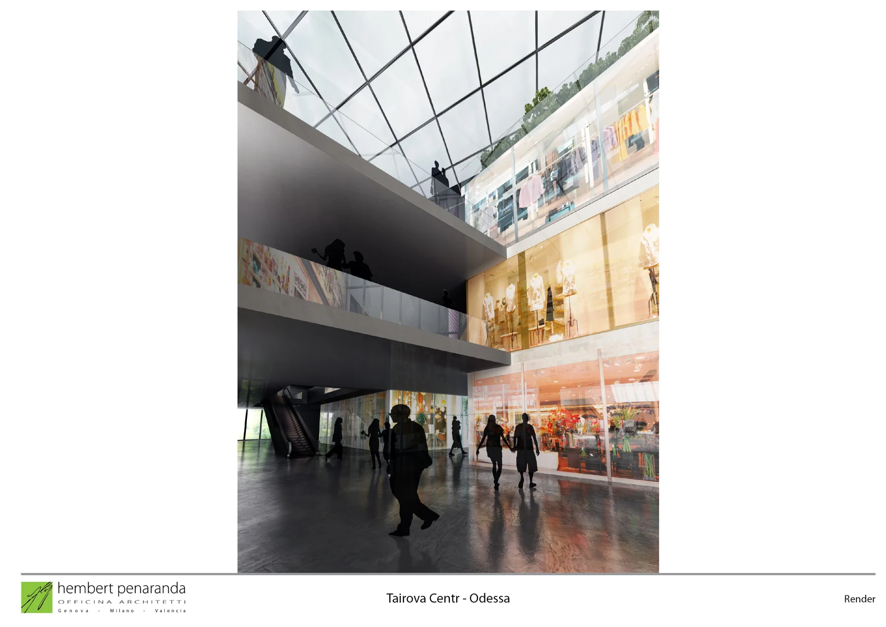 Tairovo shopping-centre proposal: circulation around the daylit atrium. Officina Architetti / Hembert Peñaranda, visualisation.