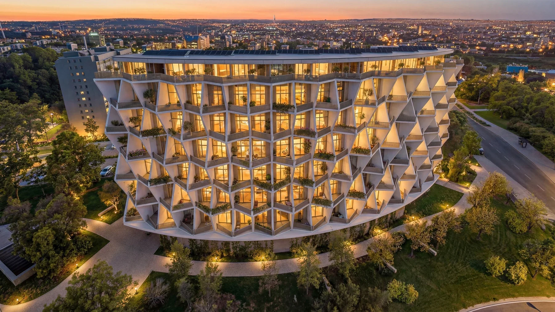 City Lofts Chodov: proposed building at dusk in its urban setting. GARTAL visualisation.