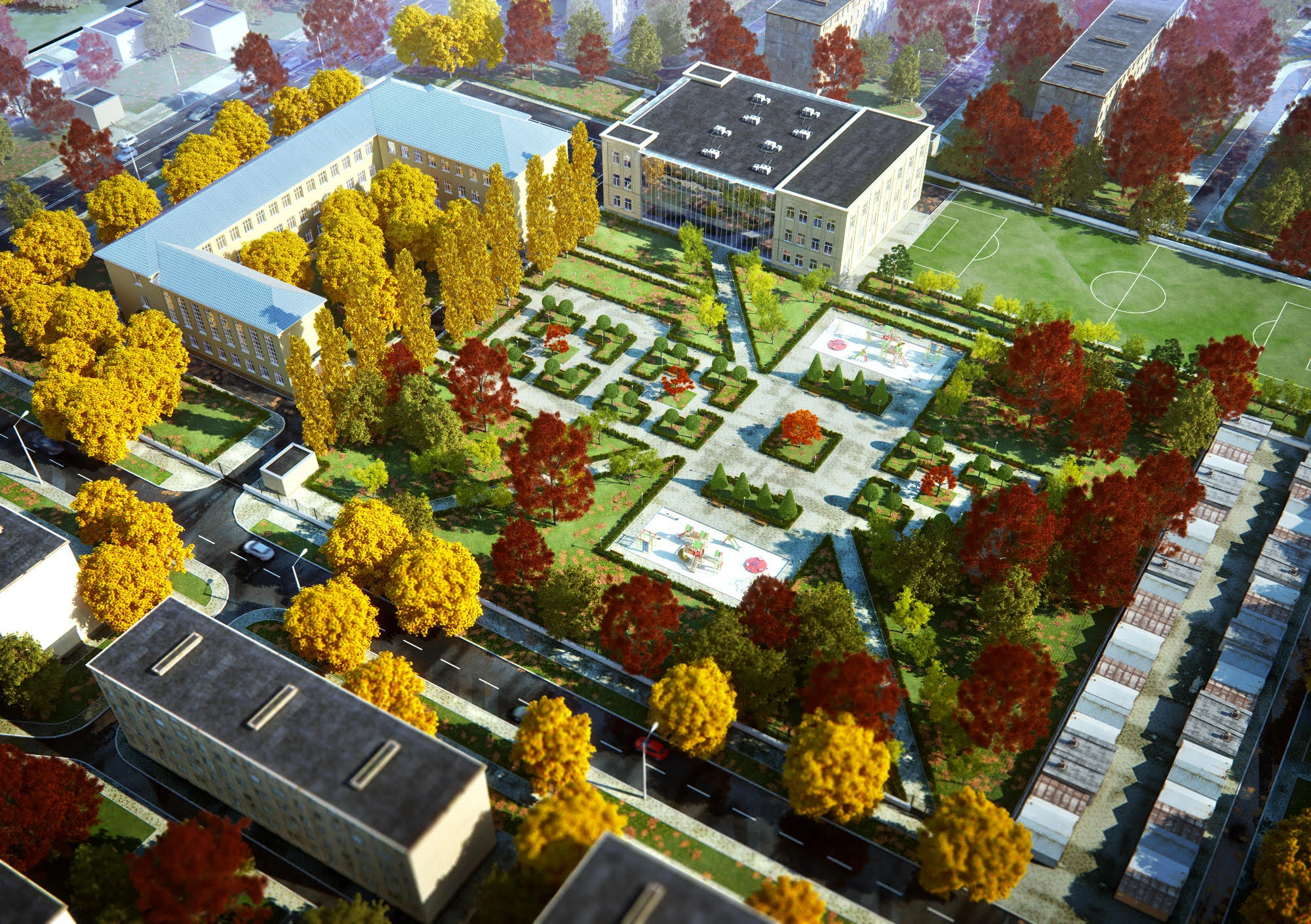 Komarova creative education centre: proposed landscaped courtyard and campus, seen from the reverse aerial angle.
