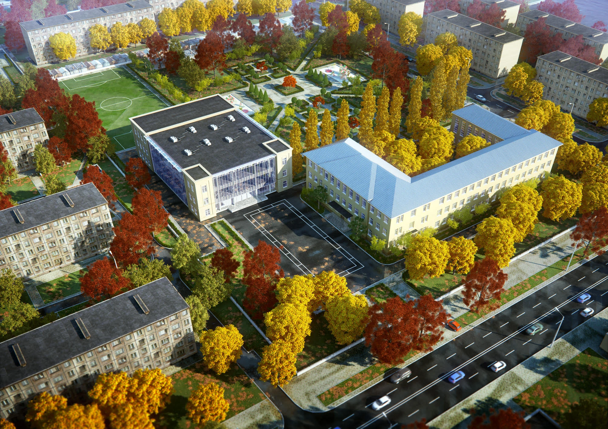 Komarova creative education centre: aerial visualisation of the proposed entrance and surrounding campus.