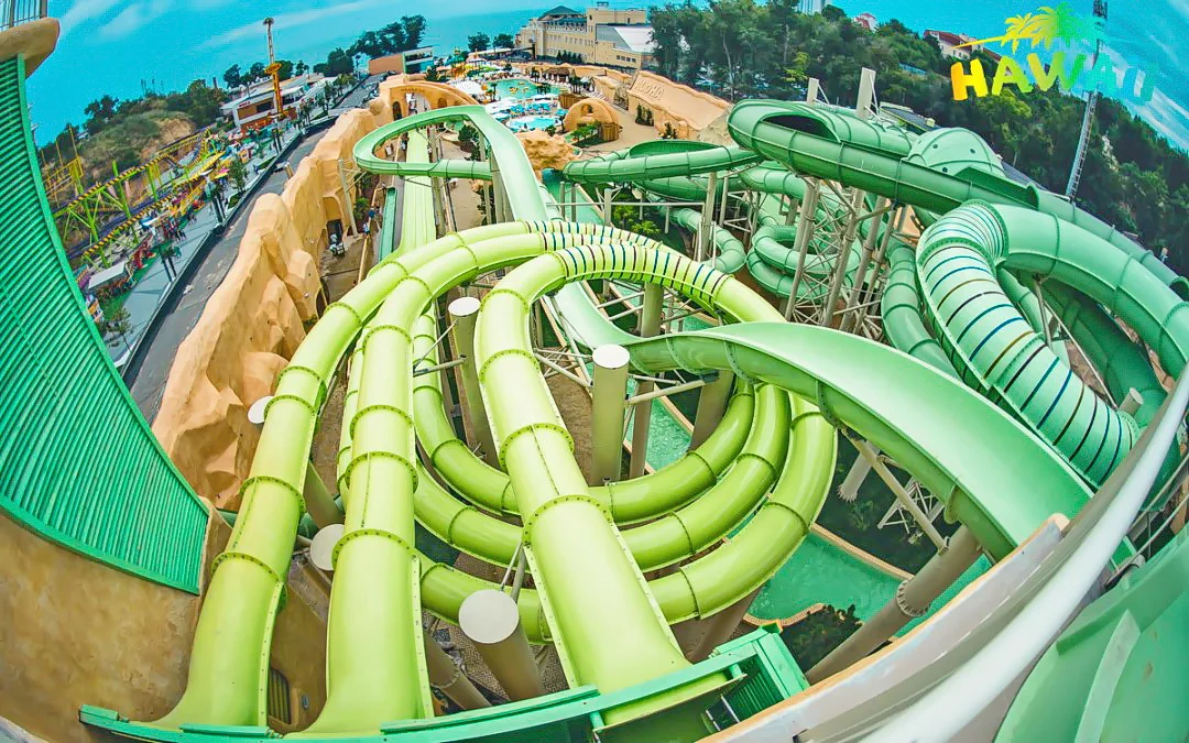 Hawaii aquapark: the intertwined slide structures seen from above. Company-portfolio photograph; the portfolio role concerns the envelope package.