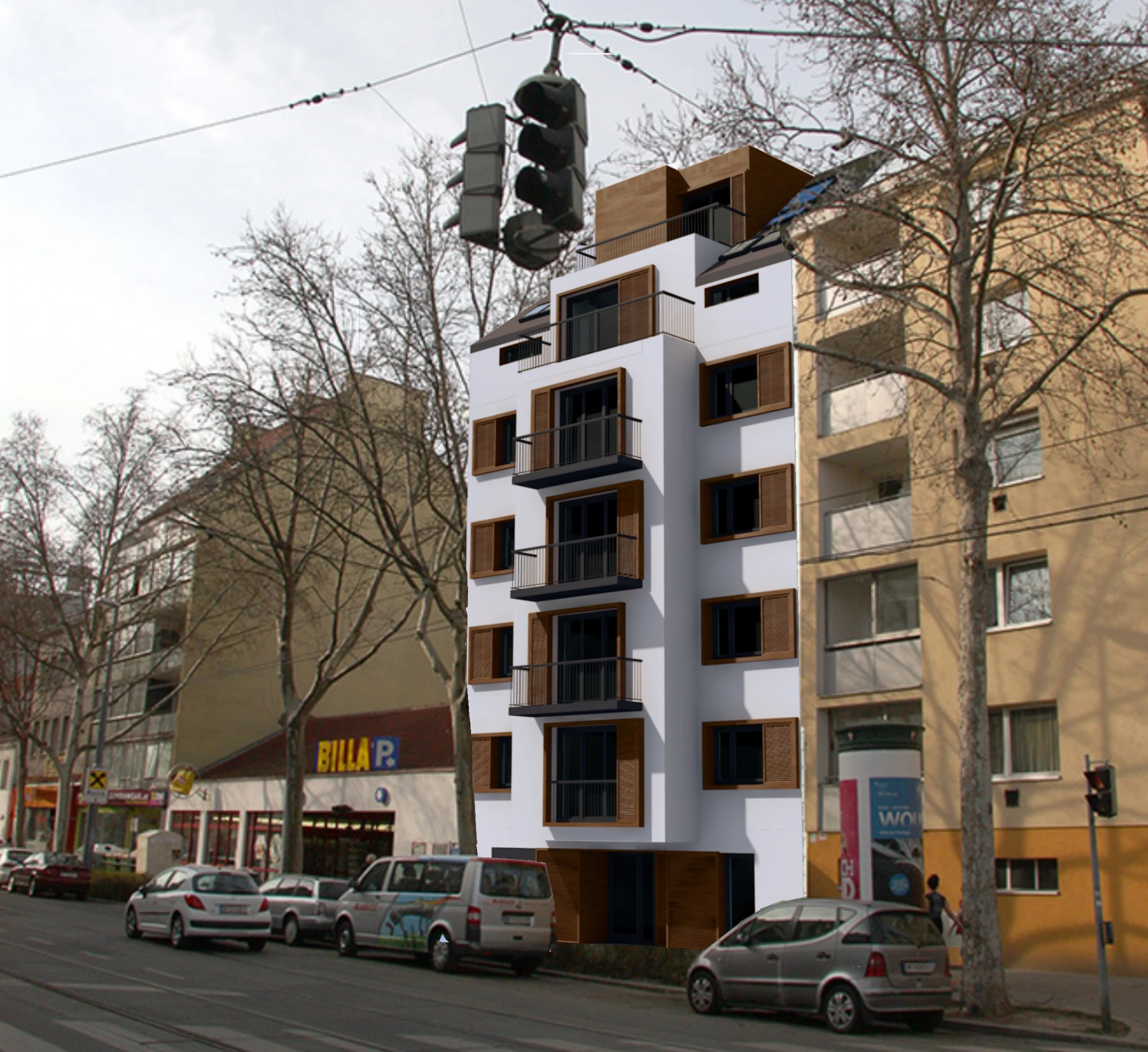 Donaufelderstraße — street façade during delivery.