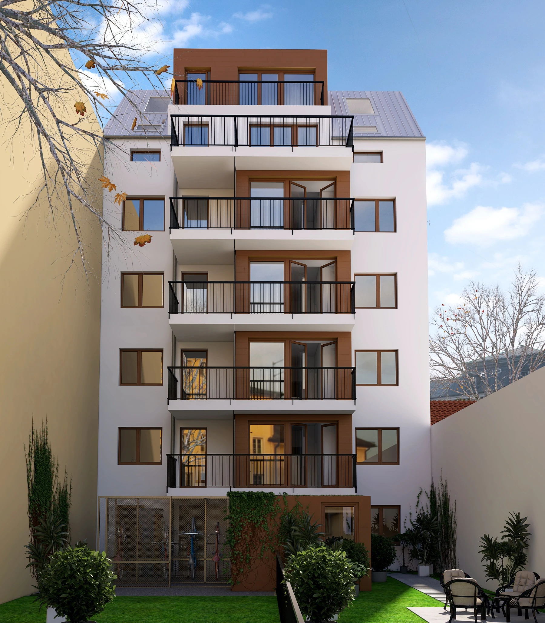 Donaufelderstraße — proposed rear façade, balconies and garden.