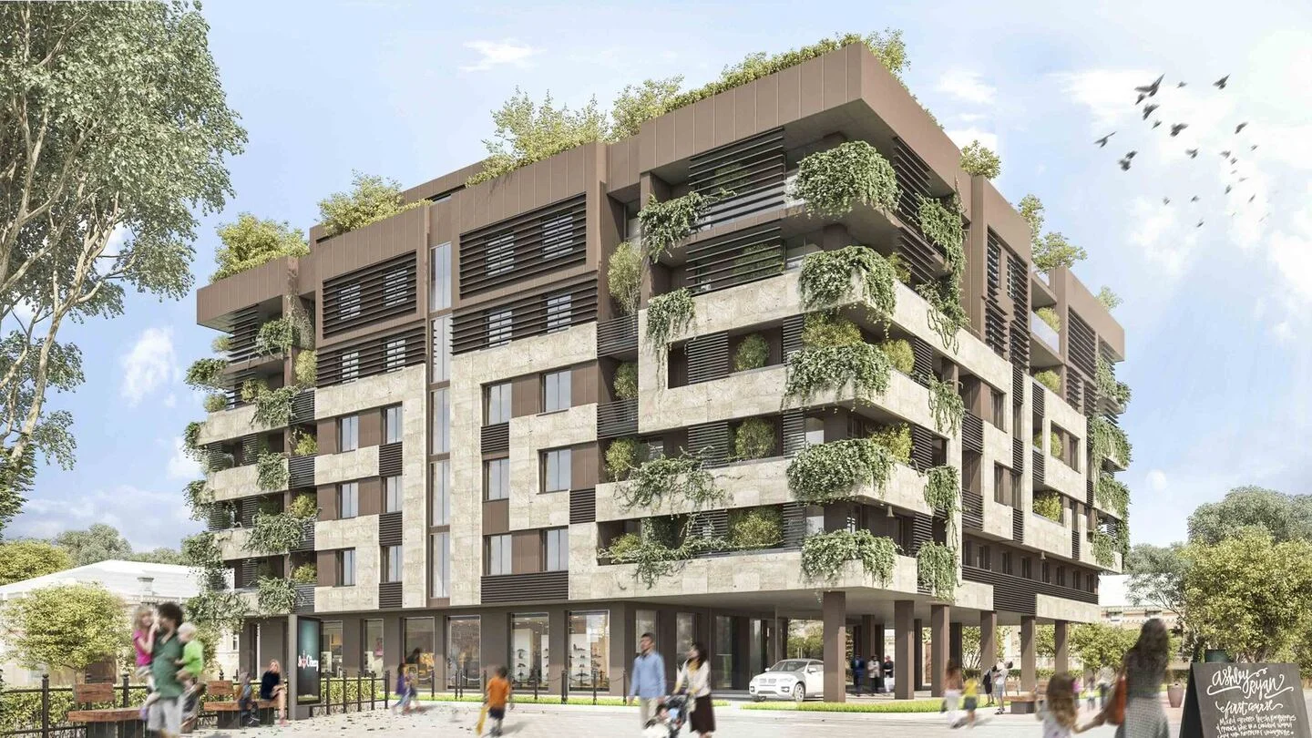 Kuznechna: proposed elevations, ground-floor glazing and roof planting. Architectural visualisation from the company archive.