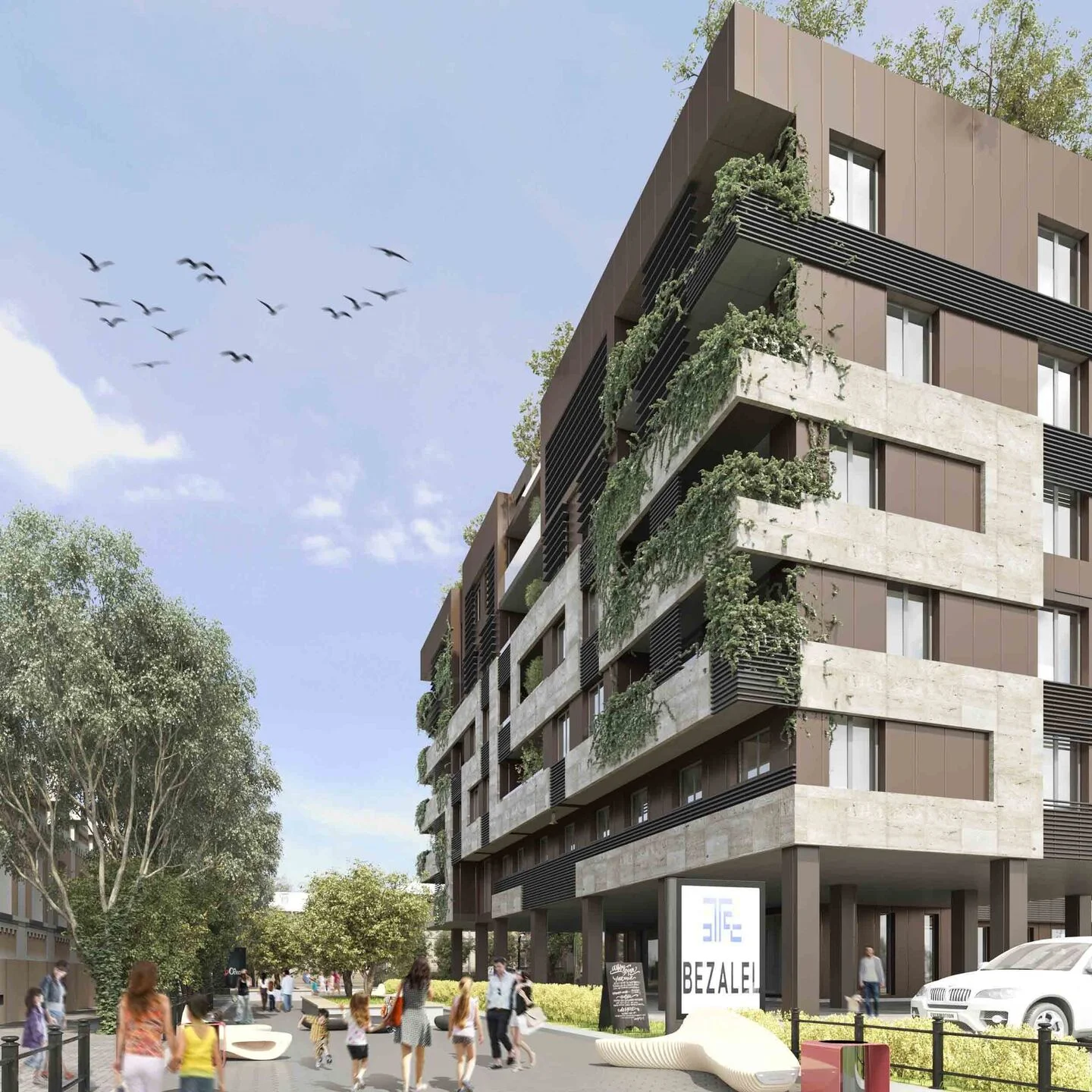 Kuznechna: an oblique street view of the proposed façade and balconies. Architectural visualisation from the company archive.