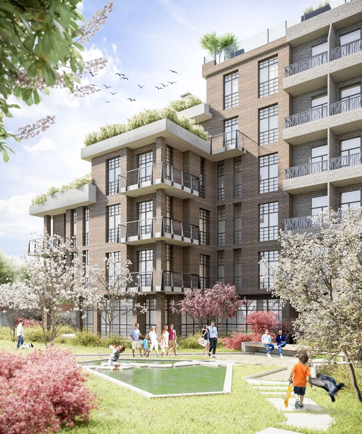 Nedelina residential proposal: terraces and the landscaped space beside the building. Architectural visualisation from the company archive.