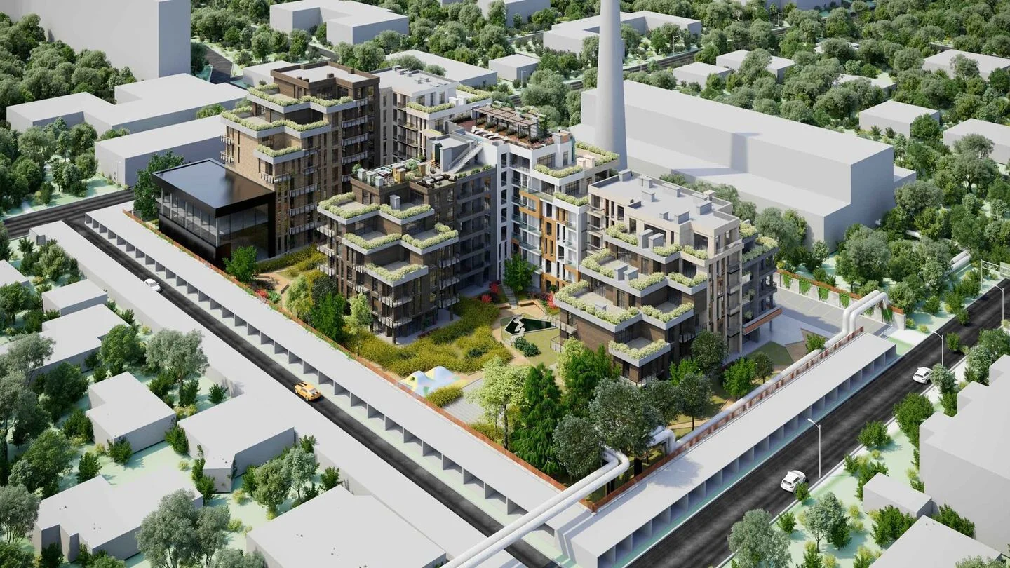 Nedelina residential proposal: the block arrangement and shared gardens from above. Architectural visualisation from the company archive.