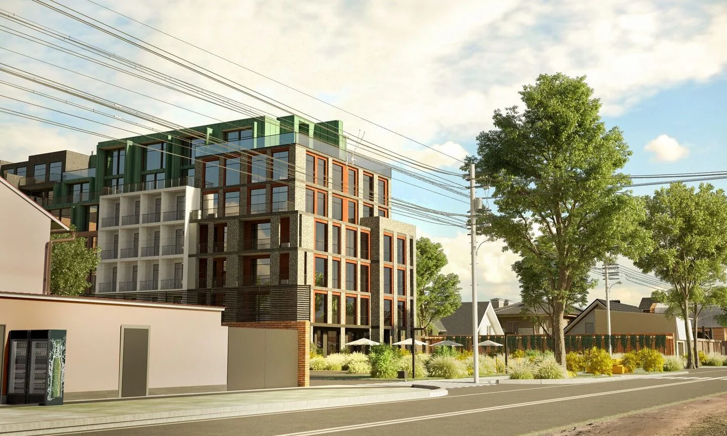 Donskogo residential proposal: street-level view of the glazed corner and upper floors. Architectural visualisation from the company archive.