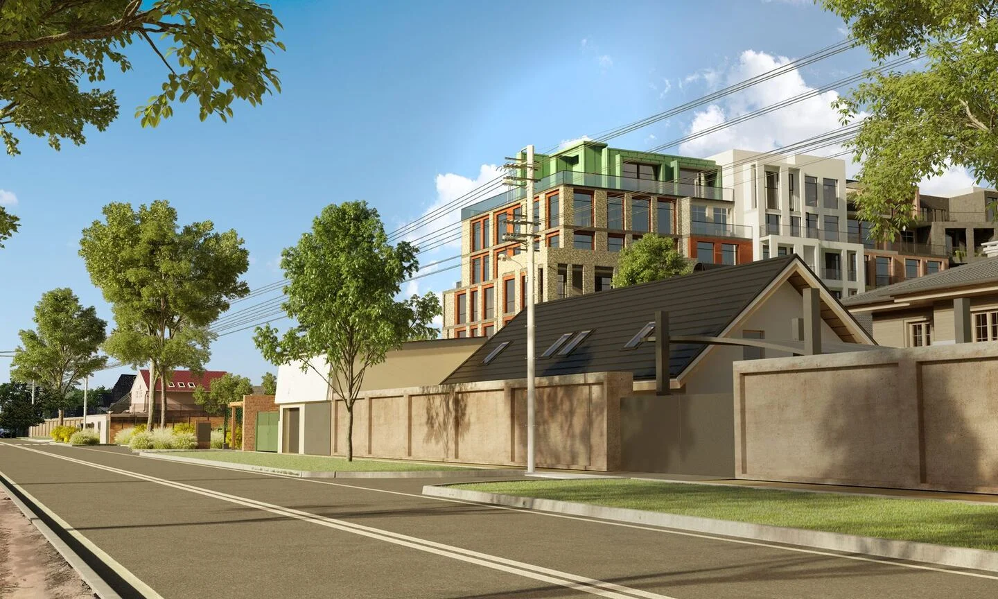 Donskogo residential proposal: the development behind the street boundary wall. Architectural visualisation from the company archive.