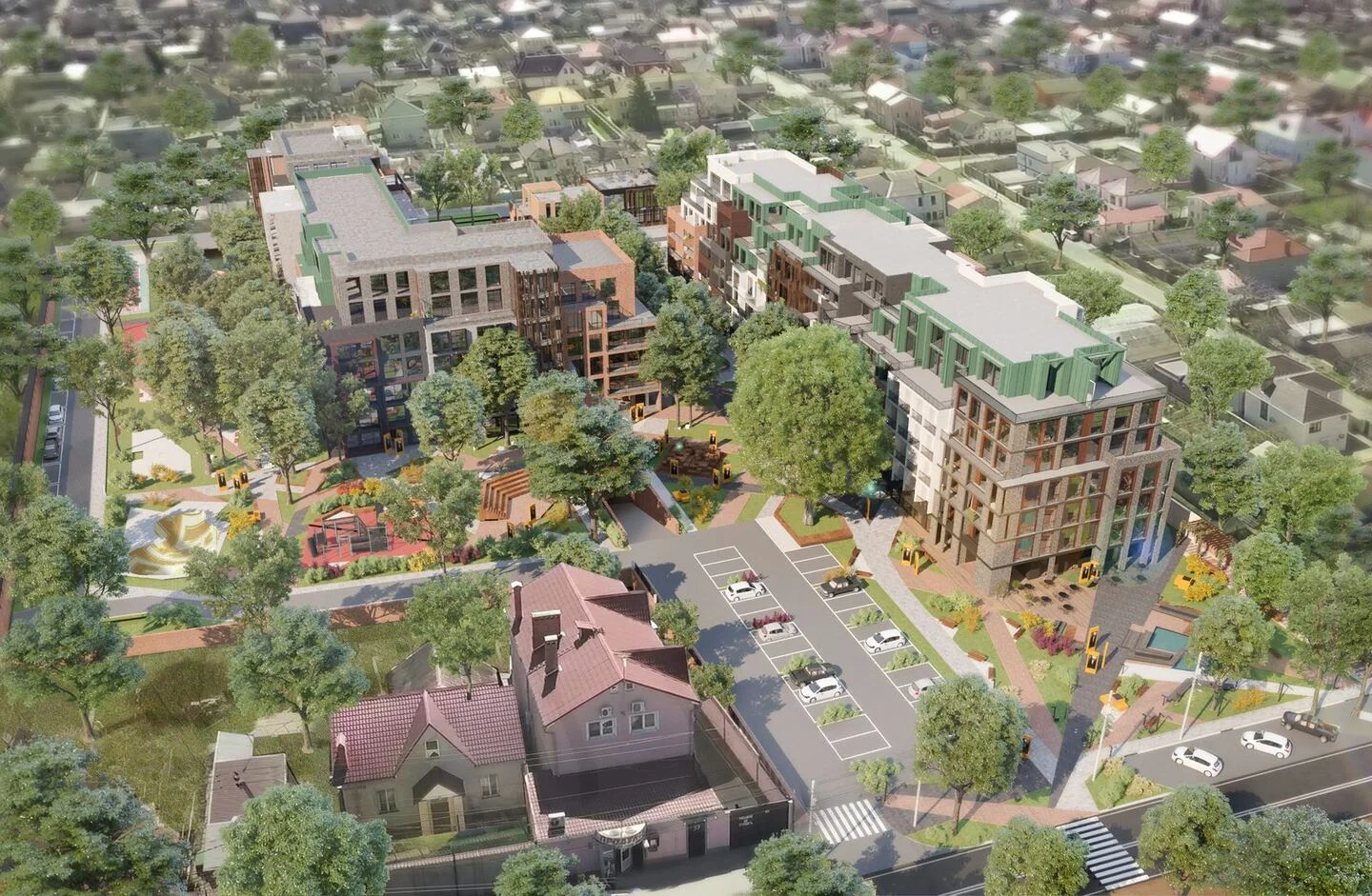 Donskogo residential proposal: an aerial study of the development and neighbouring buildings. Architectural visualisation from the company archive.