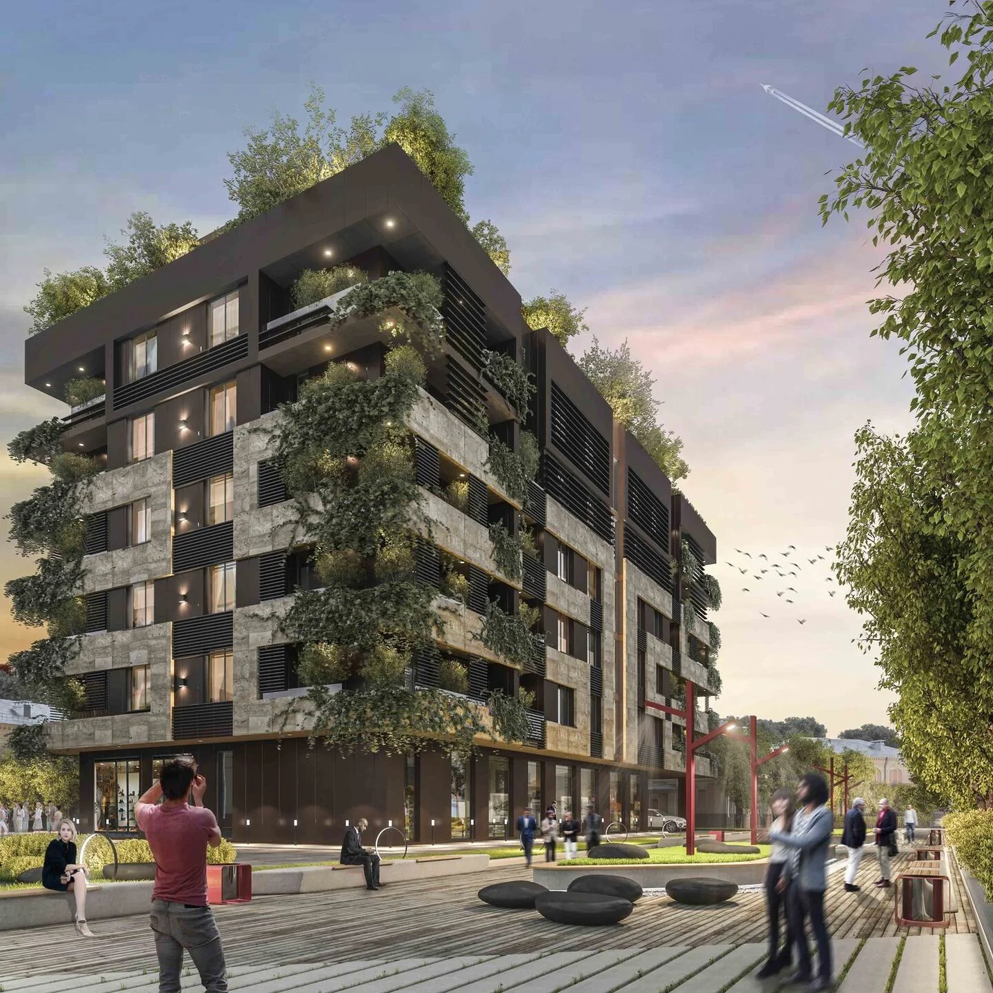 Kuznechna: proposed corner façade and planted balconies from street level. Architectural visualisation from the company archive.