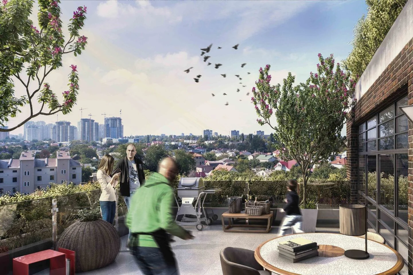 Nedelina residential proposal: an occupied roof terrace overlooking the neighbourhood. Architectural visualisation, not a completion photograph.
