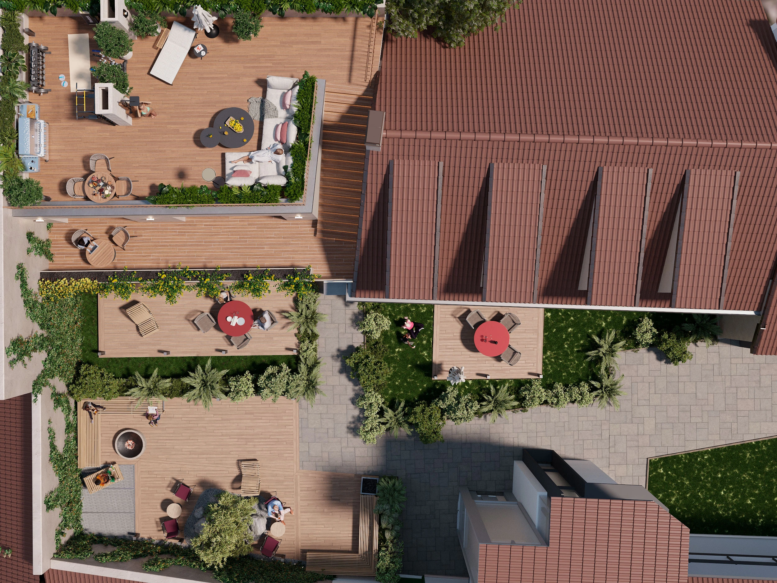 HDN3: an overhead design view of the historic buildings, courtyard and proposed roof terraces.