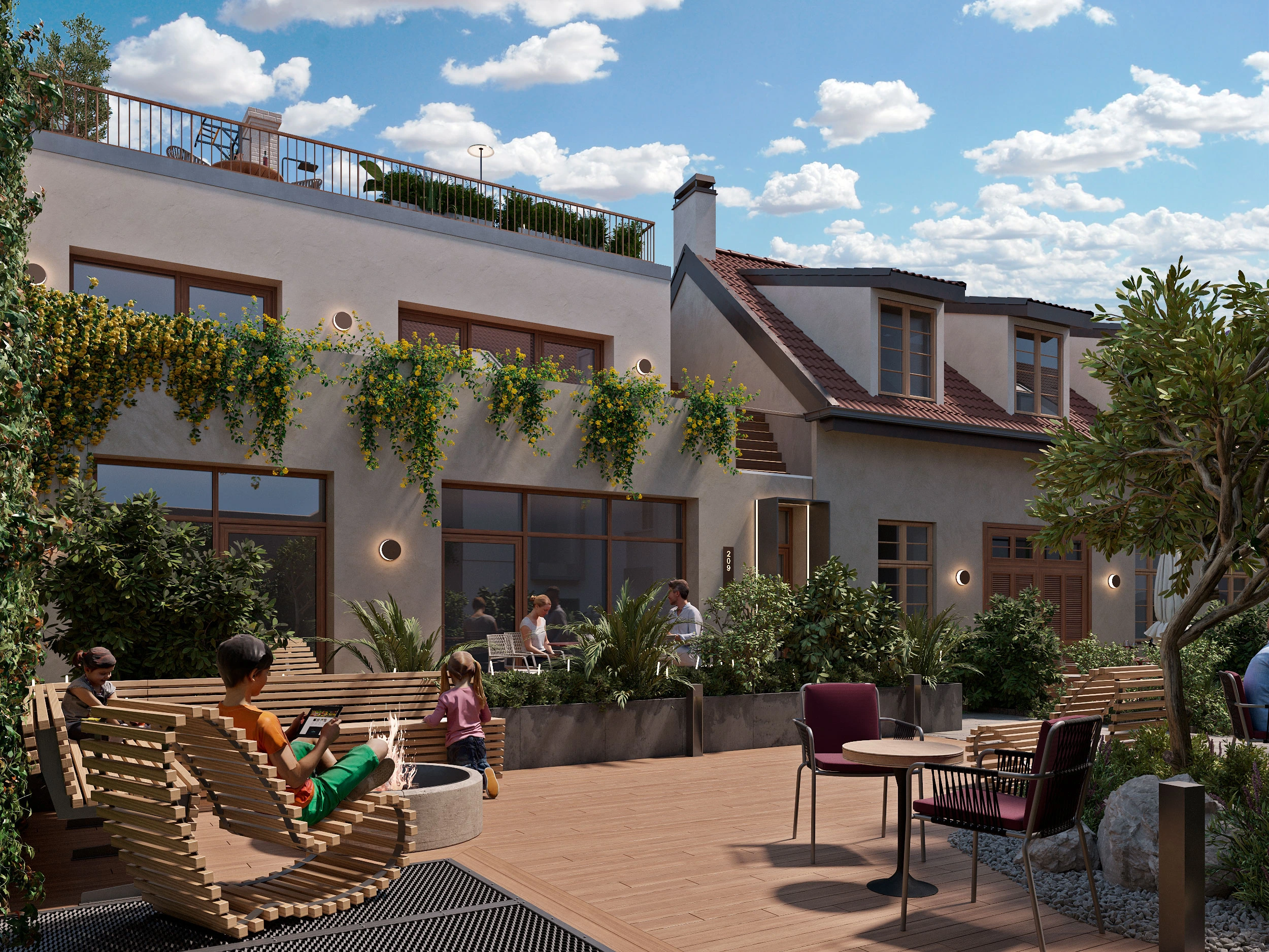 HDN3: courtyard-facing historic façade and proposed planted terraces. Design visualisation.