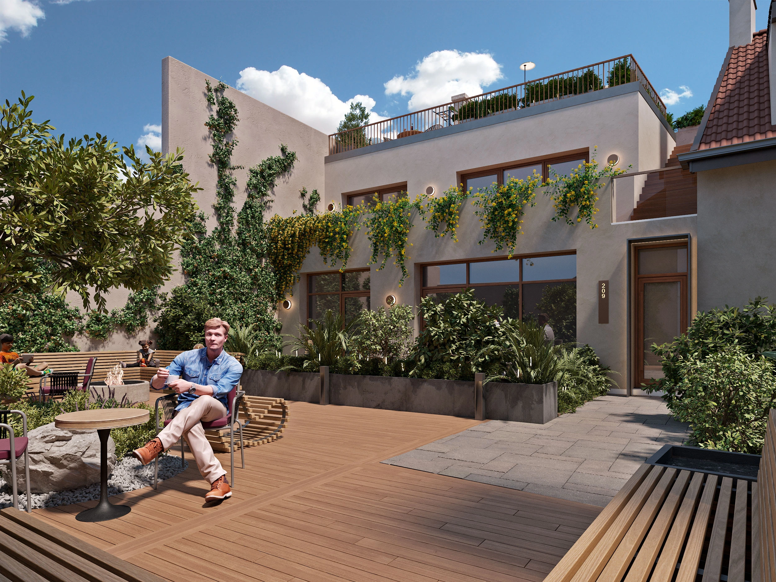 HDN3: an alternative courtyard view connecting the historic wing with the proposed terrace. Design visualisation.