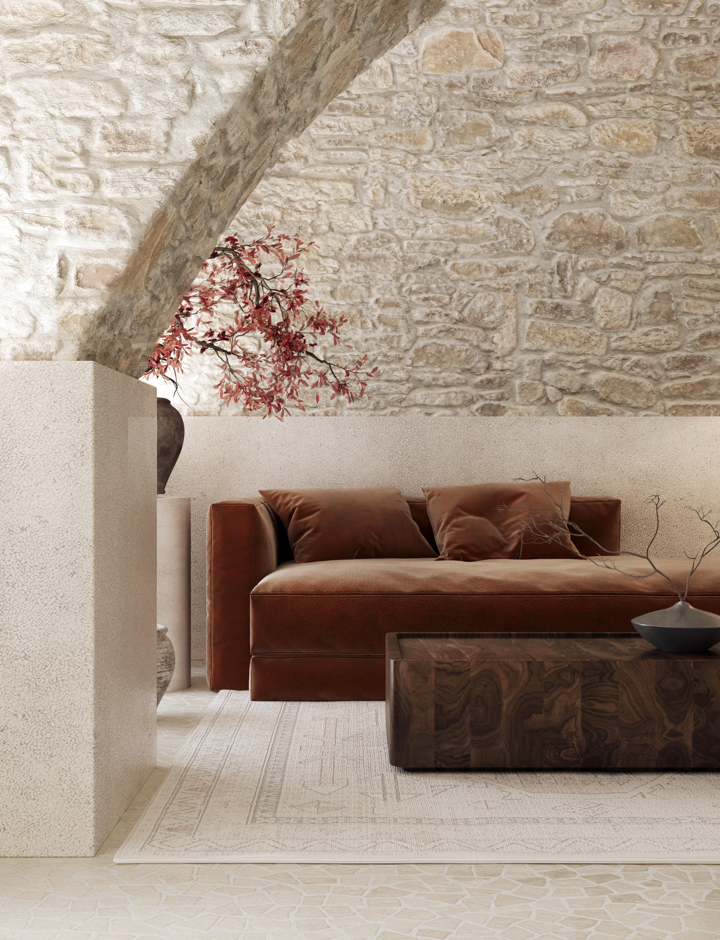 HDN3 historic building — living room beneath the stone vault. Interior concept by BAIERZDORF STUDIO, August 2024; design visualisation.
