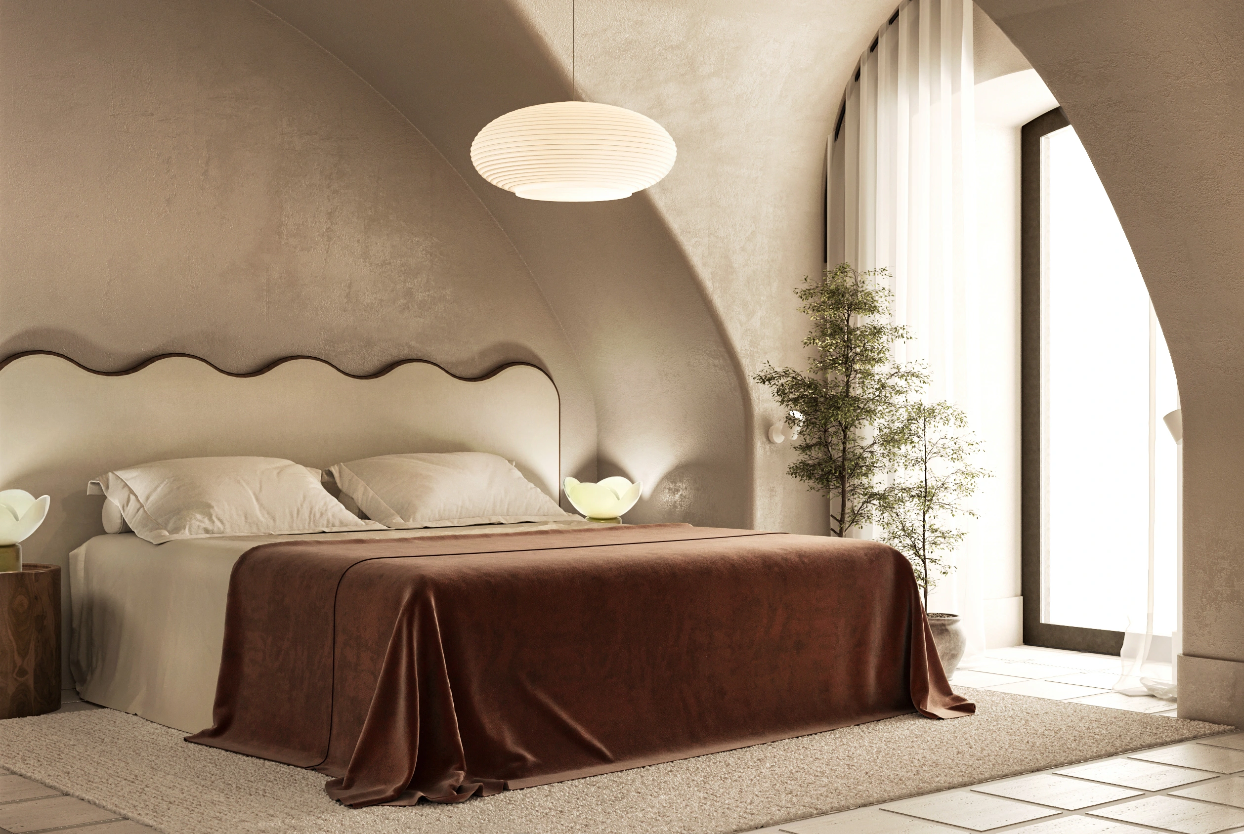 HDN3 historic building — proposed bedroom. Interior concept by BAIERZDORF STUDIO, August 2024; design visualisation.