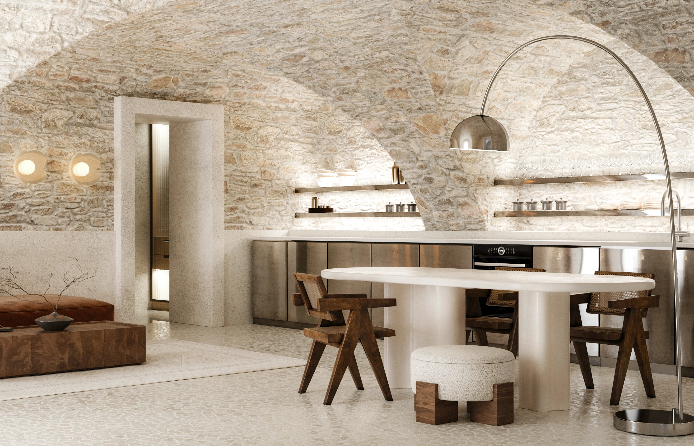 HDN3 historic building — kitchen and dining space. Interior concept by BAIERZDORF STUDIO, August 2024; design visualisation.