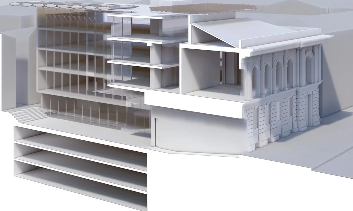 Pastera reconstruction section with underground levels. Project design study.