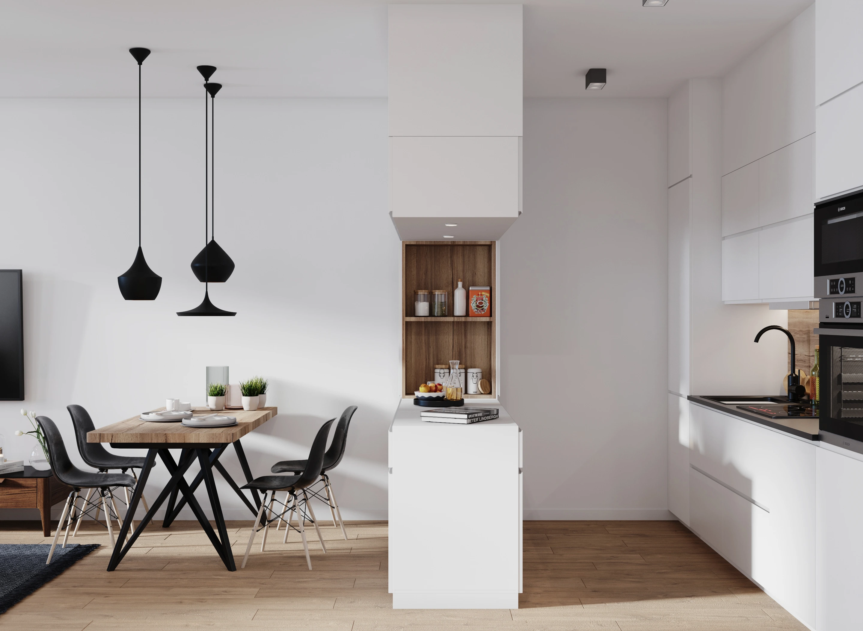 9th Fontana residential project — proposed kitchen and dining space. Interior design visualisation, 2021 archive.