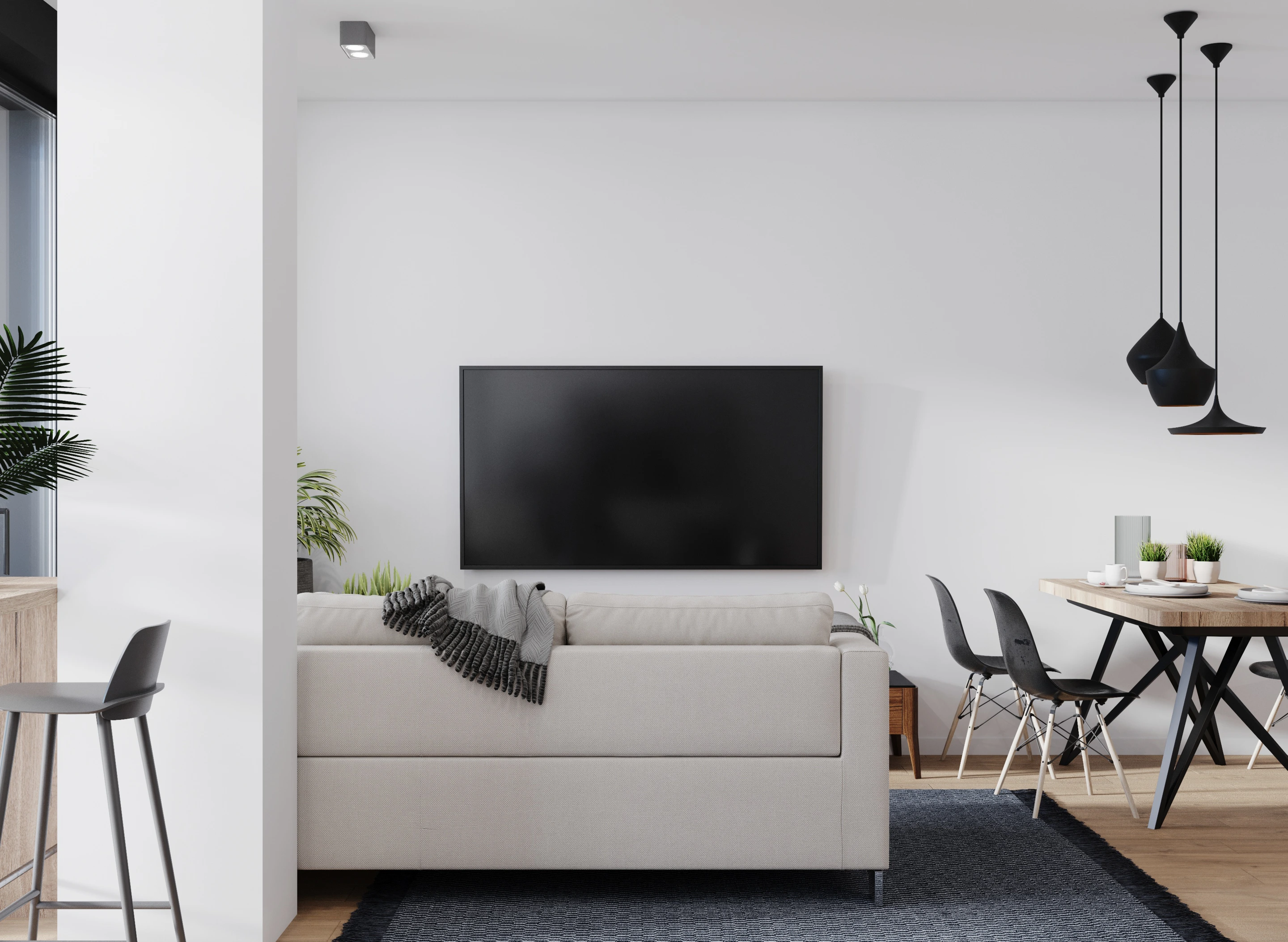 9th Fontana residential project — proposed living space and kitchen. Interior design visualisation, 2021 archive.