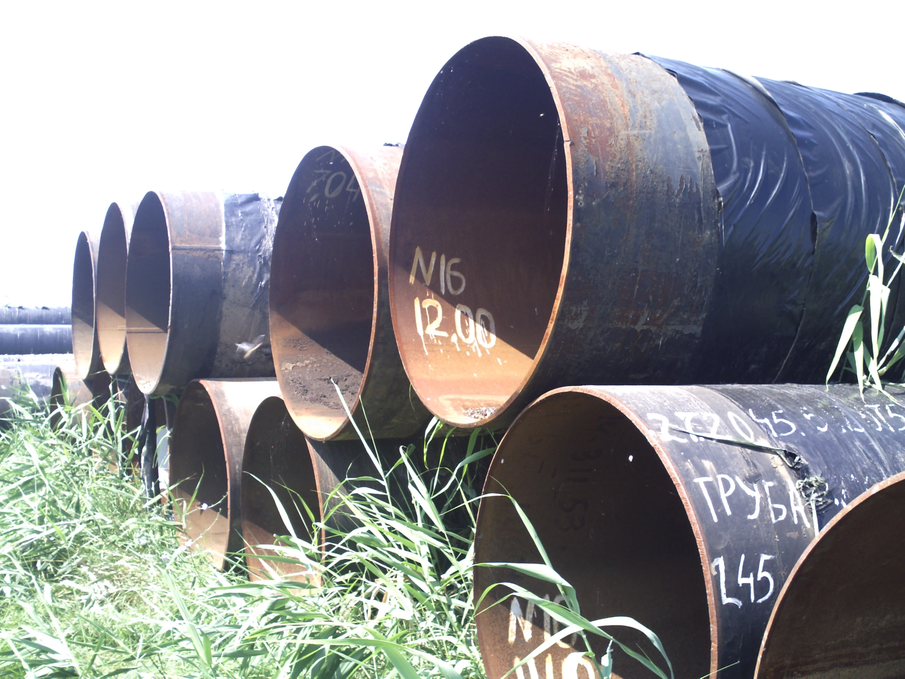 Steel piles prepared for the Yuzhny port programme. Site archive photograph.