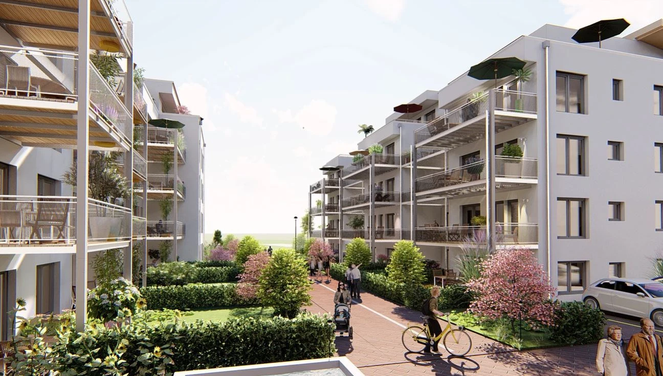 Teningen — architectural visualisation of the residential courtyard.