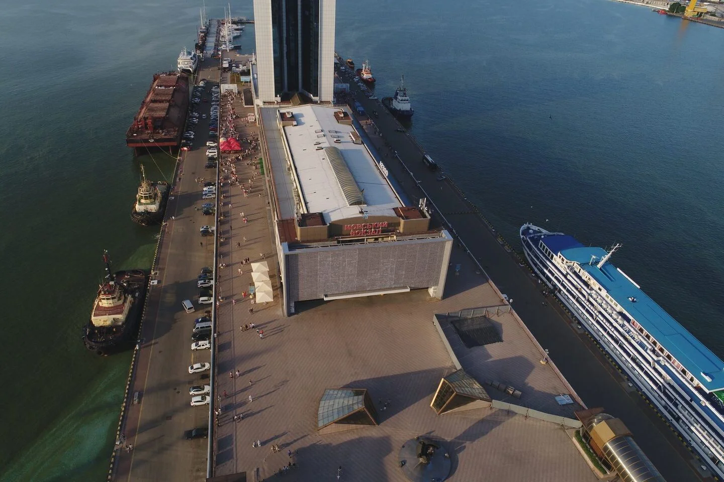 Marine passenger terminal: the building within the pier and harbour. FES aerial project photograph.