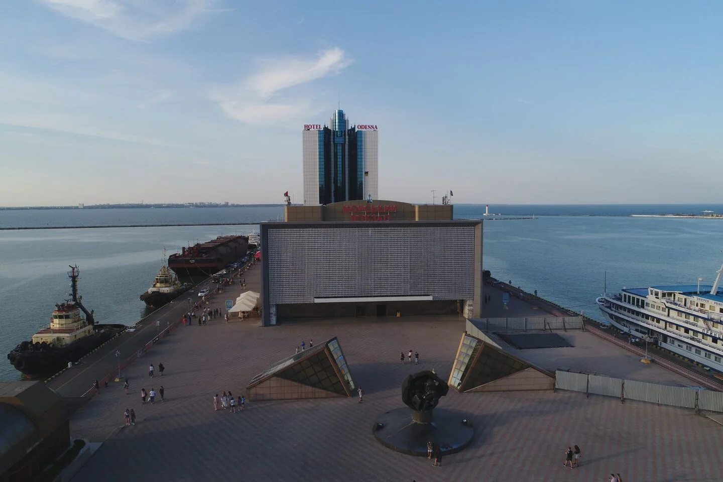 Marine passenger terminal: the façade, forecourt and pier viewed from the sea side. FES project photograph.