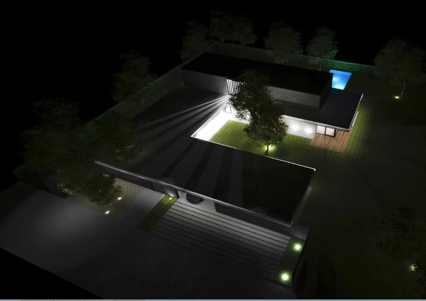 Velká Dobrá — aerial design visualisation of the house and site.